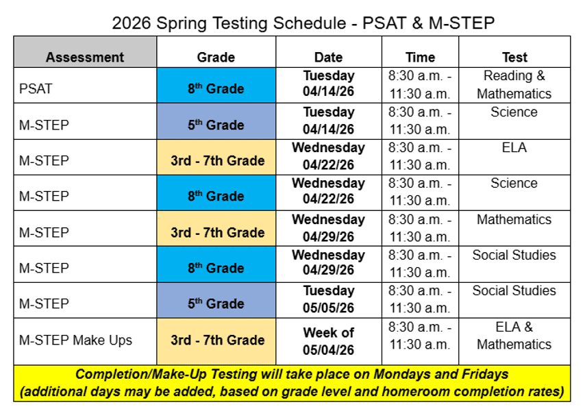 Table showing 2026 spring testing schedule for PSAT and M-STEP.