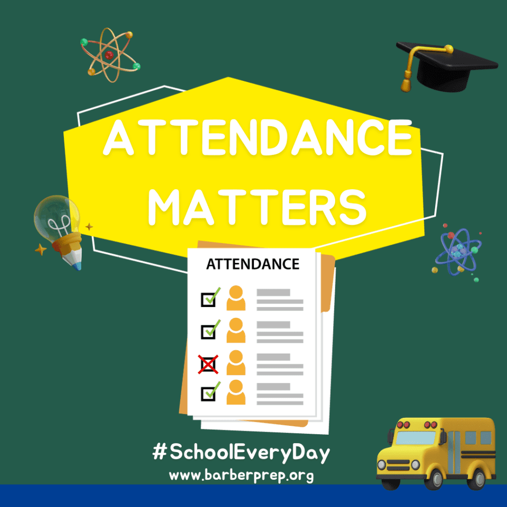 Illustration: "Attendance Matters" with checklist, school bus, and academic symbols.