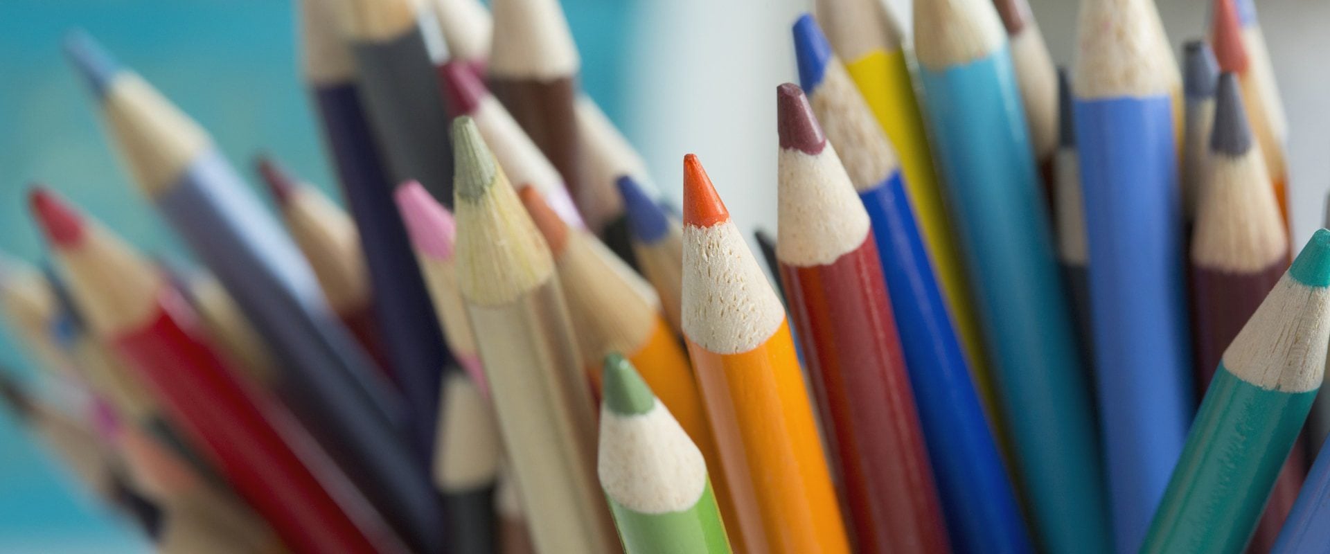 Close-up of many sharpened colored pencils.