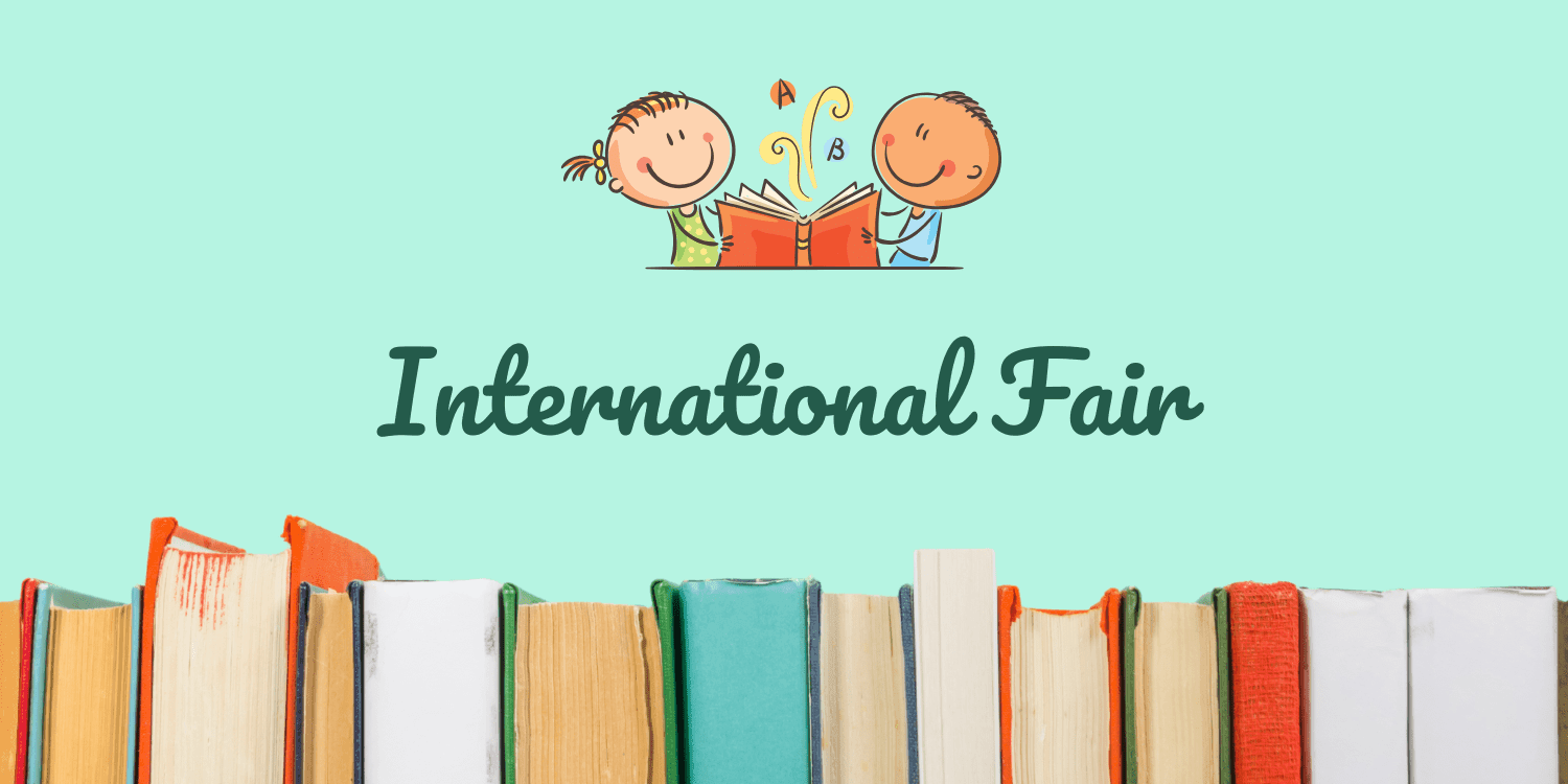 Illustration of two children reading a book, with text "International Fair" and books.