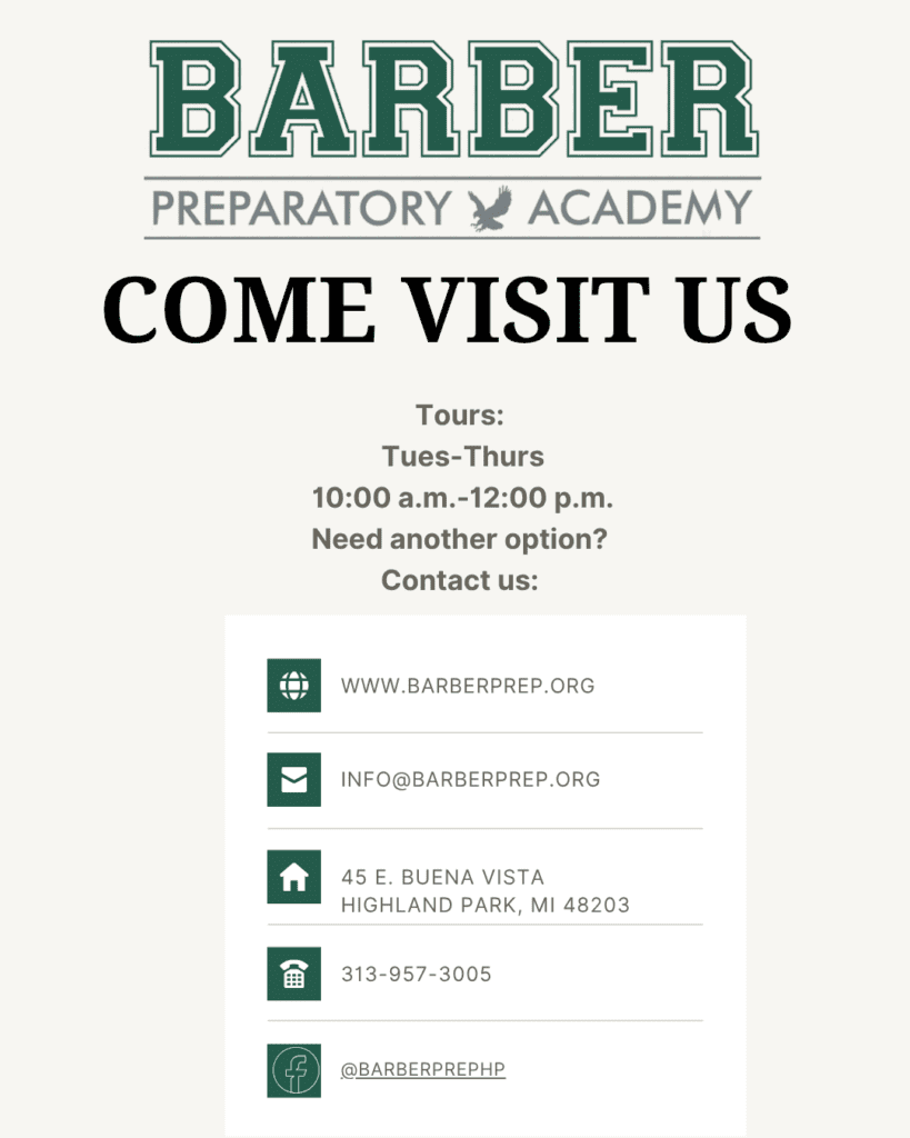 Flyer with school logo, tour times, and contact information.