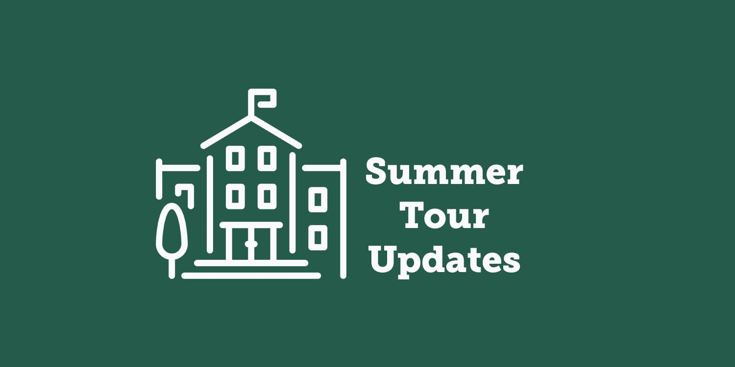 Illustration of a building and tree with text: Summer Tour Updates.